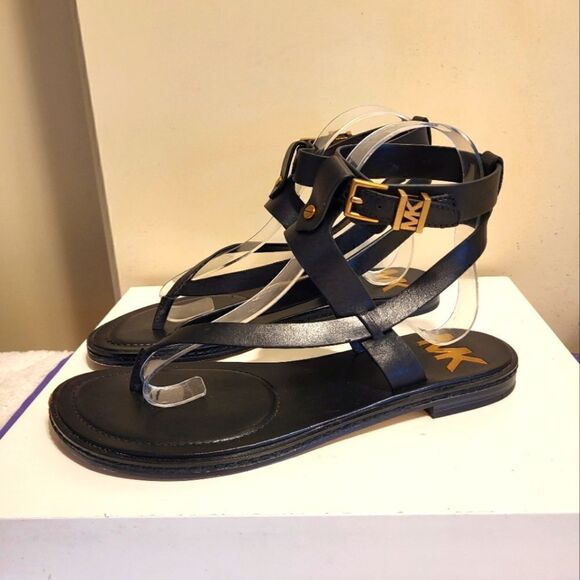 Michael Kors "Pearson" Black Leather Strappy Sandals Gold Accents Sz.6 Ret $155 - Picture 1 of 8